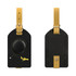 A black luggage tag with a yellow strap featuring a plane and circular design. The reverse side is plain.