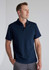 A navy blue short sleeve polo shirt with a collar, featuring a logo on the chest.