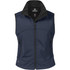 A navy bonded vest with a high collar, featuring zippered pockets and a logo on the lower side.