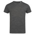 A grey marled T-shirt with a round neckline and short sleeves, featuring a logo.