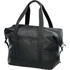 A black duffle bag with sturdy handles, featuring a zippered front pocket and a logo.