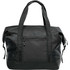 A black duffle bag with dual handles, a zippered front pocket, and a side pocket. Features a logo.