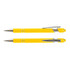 A yellow stylus pen with chrome accents, featuring a sleek design and a flat top. It has a brand logo.