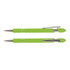 A green stylus pen with a shiny silver clip and accents, showcasing a sleek design and a logo.
