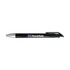 A black gel ink pen with a silver tip and a logo on the barrel.