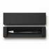 A sleek black gel ink pen resting in a black box. The pen features a silver tip and a streamlined design.