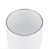 A white coffee cup with a smooth finish and a metallic rim. It features a logo on the surface.