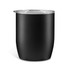 A black coffee cup with a clear lid and a sleek, minimalist design. It features a branding logo.