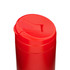 A red coffee cup with a secure lid, featuring a logo.