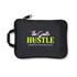 A black zippered pouch with a handle, featuring colourful text and a logo.