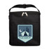 A black insulated cooler bag with a zip closure and a front pocket, featuring a logo of a tent.