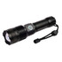A black flashlight with a textured grip, featuring a strap and a push-button switch. It has a sleek design and a bright lens.