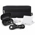A black zippered pouch containing wireless earbuds, a charger, a phone stand, and a charging cable.