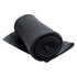 A rolled black fleece blanket with a smooth outer lining, ready for use. It features a simple, unadorned design.