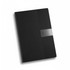 A black A5 notebook with a textured cover and a metallic clasp. It features a sleek, modern design.