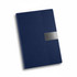 A navy A5 notebook with a textured cover and a metallic band, featuring a logo on the front.