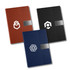 Three A5 notebooks in brown, black, and dark blue, each with a logo and a textured design on the cover.