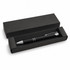 A black gel ink pen is displayed inside a black box, featuring a sleek design and silver accents.