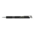 A black gel ink pen with silver accents and a clip, featuring a branding logo.