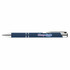 A navy blue gel ink pen with a silver clip and detailed branding on the barrel.