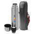 A drink bottle in silver with a black carrying case, featuring a logo and detachable cap and cup.