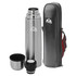 A drink bottle in silver with a stainless steel design, featuring a carrying case and two removable lids.