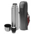 A drink bottle in silver with a black screw cap, accompanied by a cup and a zippered carry case.