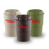 A drink bottle trio in cream, brown, and green, featuring ribbed bases and a logo on the front.