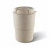 A drink bottle in a beige eco-friendly material with a ribbed base and a lid, featuring a logo.