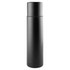 A drink bottle in matte black, featuring a sleek, cylindrical design with a small opening at the top and a logo.