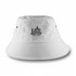 A white bucket hat featuring a logo and a wide brim, designed for outdoor wear.