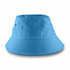 A blue bucket hat with a wide brim and eyelet details, featuring a simple design.