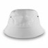 A white bucket hat featuring a simple, unembellished design and a small logo on the side.