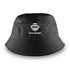 A black bucket hat featuring a logo. The hat has a wide brim and a casual design.