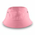 A pink bucket hat with a wide brim and ventilation holes. Features a branding logo on the exterior.