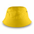 A yellow bucket hat with a wide brim and two black eyelets, featuring a simple design without any visible branding.