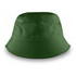 A green bucket hat with a wide brim and eyelets, Featuring a logo on the side.