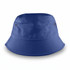 A blue bucket hat with a wide brim, featuring two metal eyelets on the sides.