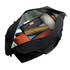 A black duffel bag open to reveal neatly packed items, including clothing and accessories in various colours.