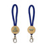 A keytag with a wooden circular base, featuring a logo and attached to a blue braided lanyard.