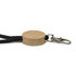 A round wooden keytag with a black rope and a metal clip, featuring a natural bamboo finish.