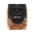 A clear bag of crunchy and salted pretzels in a brown and black packaging, featuring a logo.