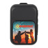 A black Bluetooth speaker featuring a colourful graphic with silhouettes of three people against a sunset background.