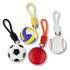 Four bag charms in the shapes of a soccer ball, volleyball, basketball, and baseball, featuring various colours.