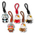 Five colourful bag charms featuring a panda, two cats in red and gold, and two bears in brown and black.