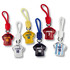 A collection of seven bag charms in various colours, resembling football jerseys featuring player numbers and names.