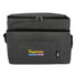 A drink bottle cooler bag in grey fabric with a zipped top and a front pocket. It features a logo.