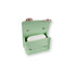A mint green tech charm case with a snap closure, holding a white device inside. Features a branding logo.