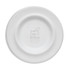 A white pet bowl with a circular design and an embossed logo in the centre.