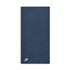 A navy sports towel featuring a small logo in the bottom corner. The towel is soft and absorbent.